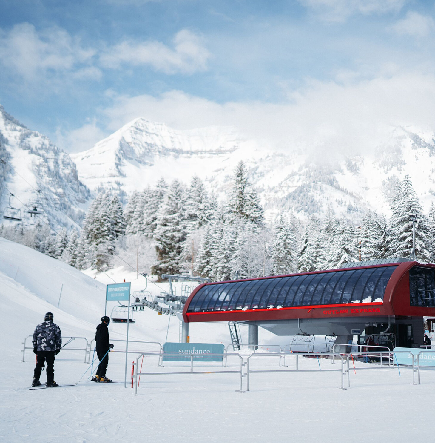 Outlaw Express chairlift in fresh snow at Sundance