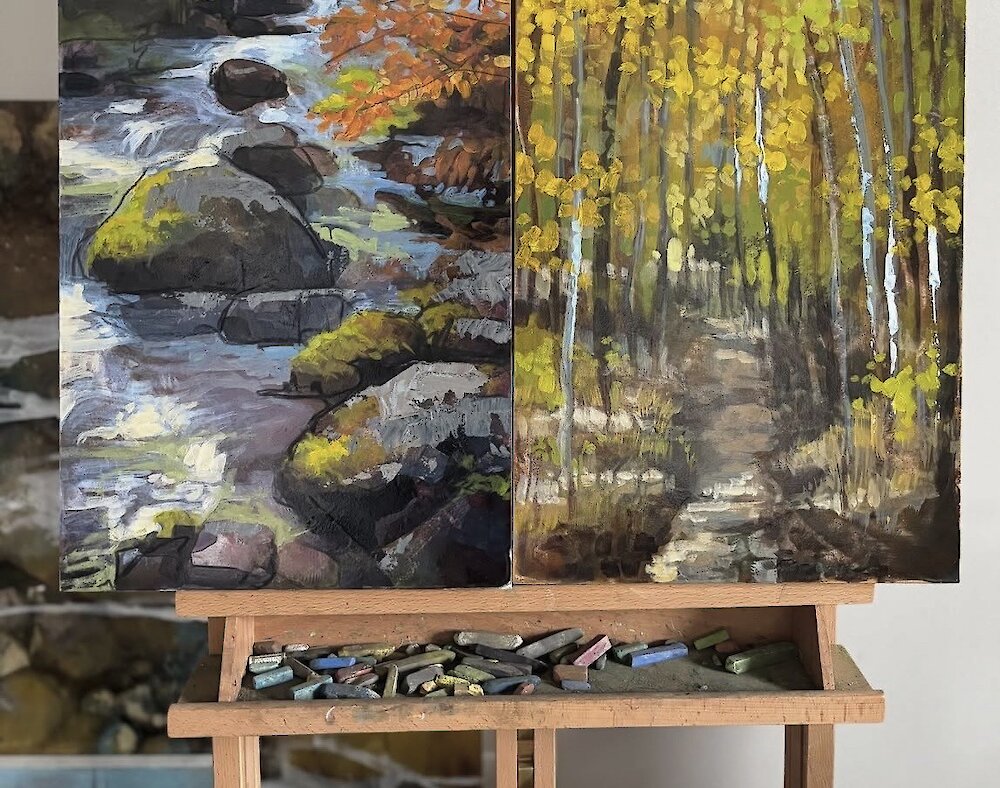 Kim Daw with her art and dog.