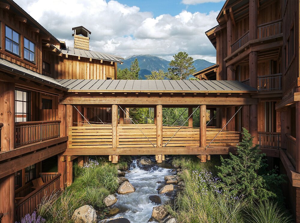 The bridge connecting the Mountain and Ridge Wings at the Inn. With a rushing North Fork River below.