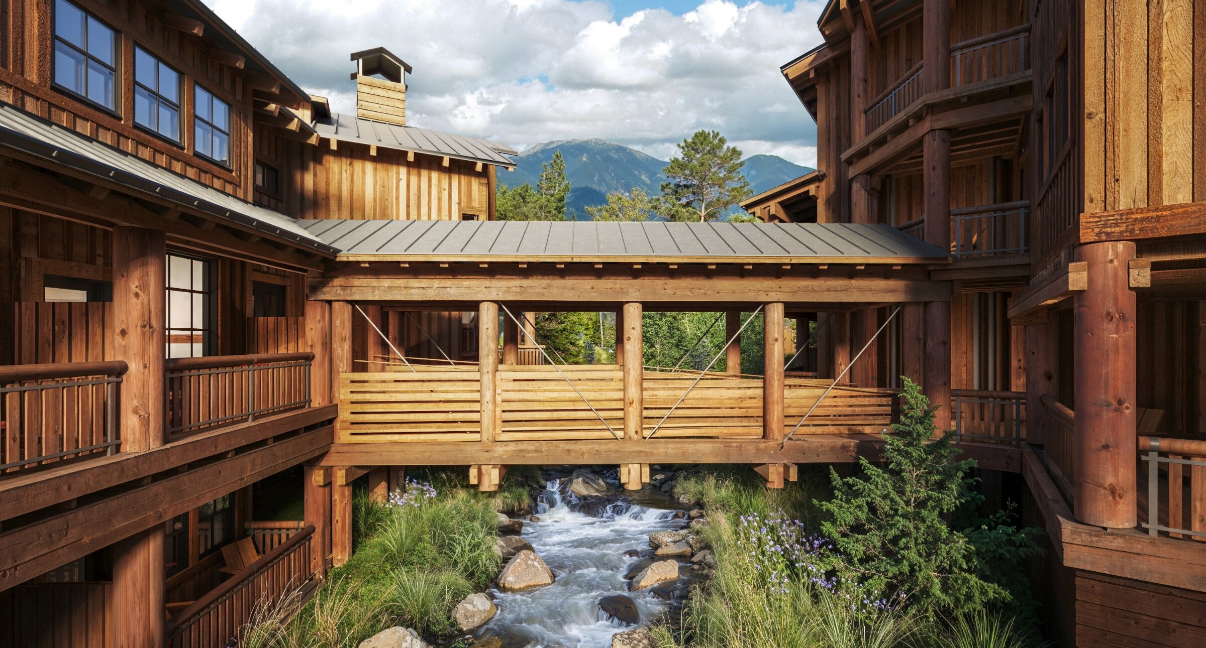The bridge connecting the Mountain and Ridge Wings at the Inn. With a rushing North Fork River bellow.