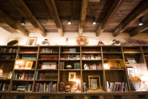 Wooden library shelves filled with books and various historical artifacts.