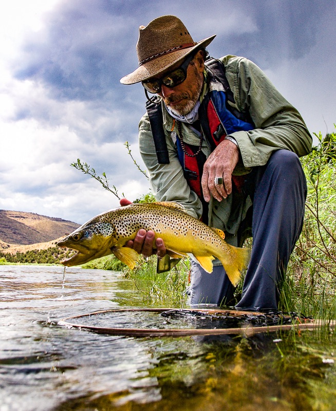 A person in a wide-brimmed hat and sunglasses kneels beside a river holding a brown trout above the water. The person wears a green shirt, a blue and red life vest, and has a camera on a strap around their neck. The background shows riverbanks and cloudy skies.