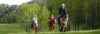 A family of three out for a horseback ride in the mountains.