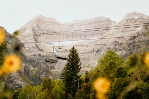 Beautiful view of a Sundance ski lift in the summer with Mt. Timpanogous in the background.