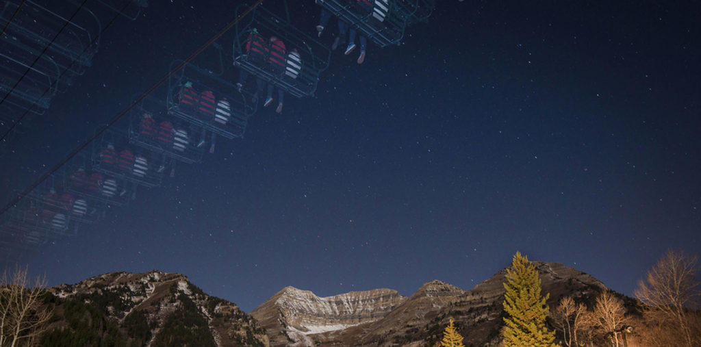 Full moon chairlift ride with stunning views at Sundance resort.
