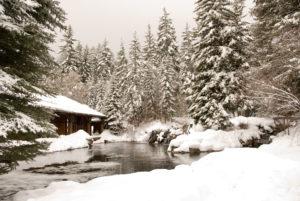 A serene winter scene featuring a small cabin beside a partially frozen river, surrounded by snow-covered trees under an overcast sky.