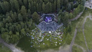 Aerial view of an outdoor concert in the summer at Sundance Mountain Resort.