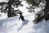 Man skiing between the trees down a snow covered mountain.