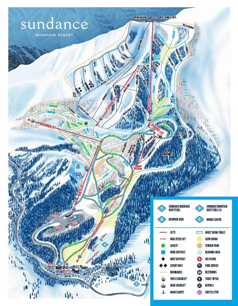 Updated 2022 trail map at Sundance Mountain Resort for skiers in Utah this winter. 