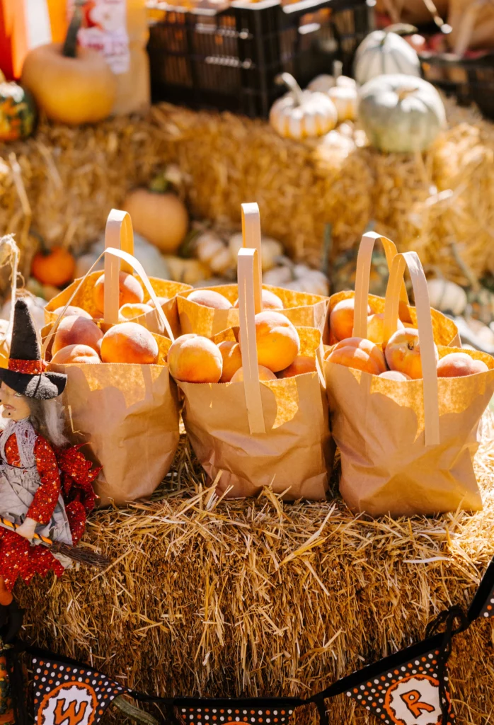 Paper bags filled with oranges sitting atop a hay bale, with pumpkins and fall decorations in the background at the Sundance Harvest Market.