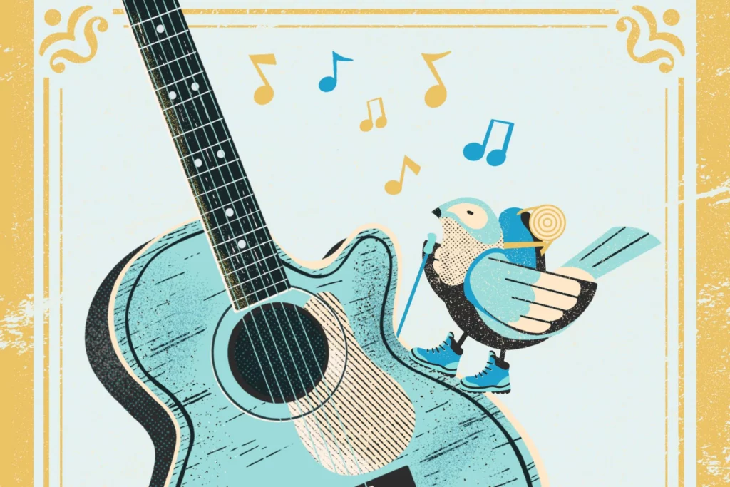 Sundance flyer sports a bluebird with hiking gear climbing up a guitar.