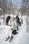 A group of people snowshoeing along a snowy trail in a forest, with trees and bright sunlight visible. one young woman in white gear looks back, smiling.