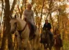 A group of horseback riders make their way through the mountains.