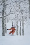 A snowboarder in an orange suit carves down a snowy slope surrounded by white, snow-covered birch trees. the landscape and trees are blanketed in fresh snow, creating a serene winter scene.