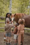 A woman and three children interact with a brown horse by a fence in a wooded area. the woman, smiling, guides a young boy's hand to touch the horse.