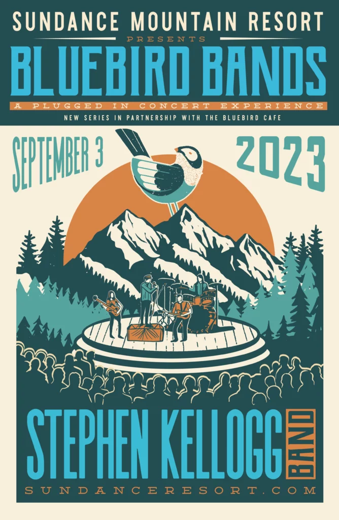 A flyer from Sundance Mountain Resort announces the Bluebird Bands concert experience coming in 2023.