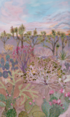 Colorful painting of a desert landscape at dawn with a variety of cacti and desert plants under a pastel sky with fluffy clouds.