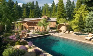 Rendering of The Springs outdoor spa complete with hot tubs, sitting areas and surrounded by nature.