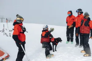 A winter rescue team fuddles together receiving instructions at the top of the mountain.