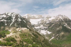 Spring time view of Mount Timpanogos still covered slightly in snow.