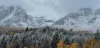 Clear cloudy day above a snow dusted forest with tall mountains in the background.