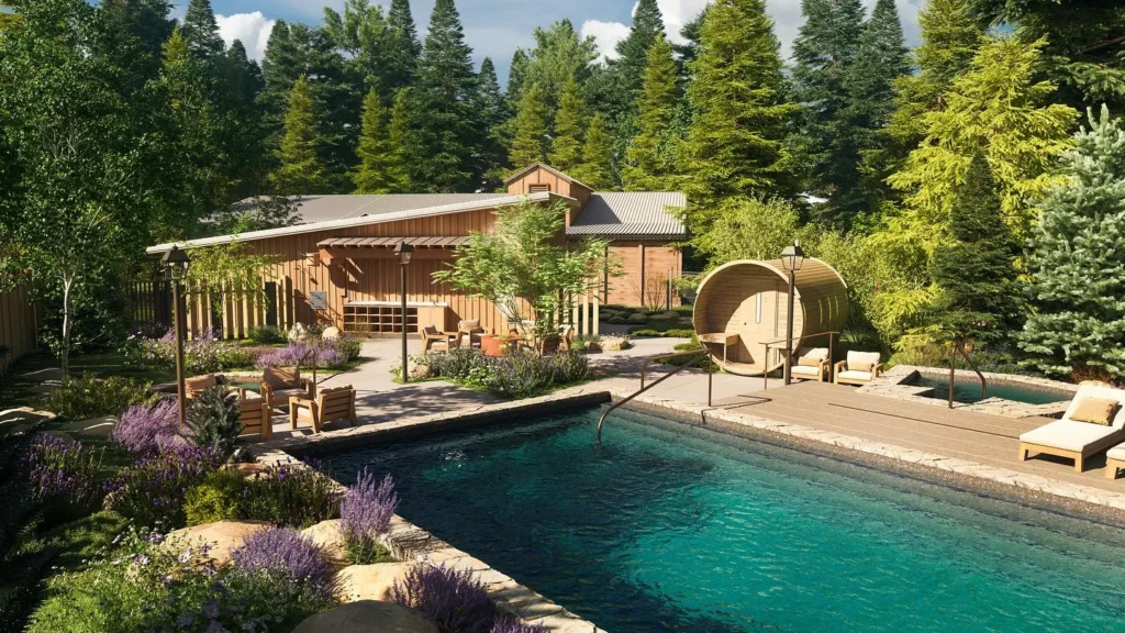A serene outdoor scene of a wooden pool area features a rectangular swimming pool with turquoise water surrounded by greenery and lounge chairs. A wooden sauna is adjacent to the pool. In the background, there's a rustic cabin and tall pine trees.