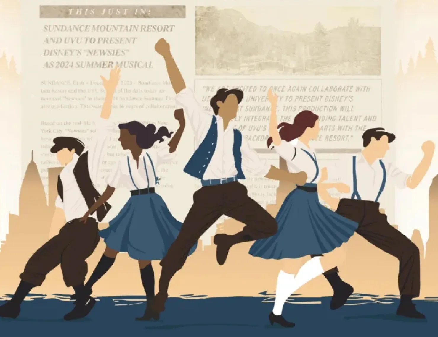 An illustration of five individuals, possibly dancers, dressed in traditional folk attire with suspenders and skirts. They are energetically leaping and holding hands against a backdrop of news headlines related to a musical production.