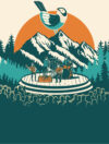 bluebird bands graphic orange sun and bird over the mountains in background and stage with band and crowd in the foreground