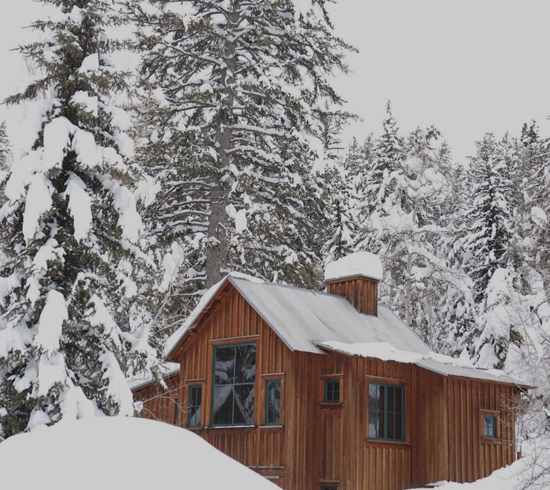 A wooden cabin is nestled among snow-covered pine trees. The roof is blanketed with snow, and large windows reflect the serene winter landscape. The scene conveys a peaceful, rustic winter setting.