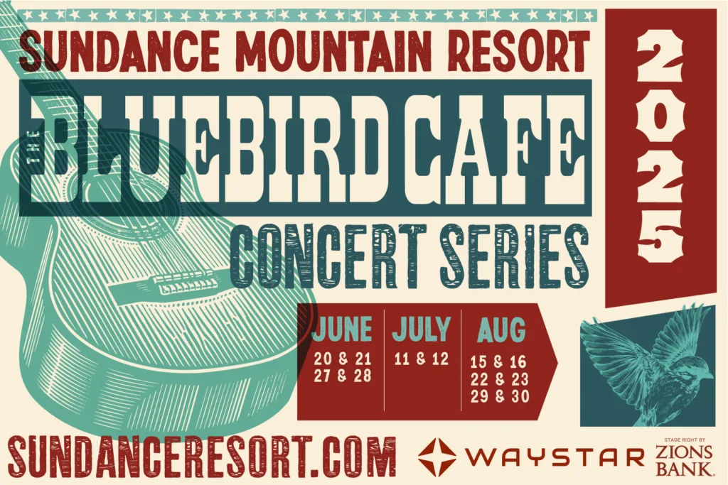 A vintage-style poster for the Sundance Mountain Resort 2025 Bluebird Cafe Concert Series, featuring concert dates in June, July, and August, with sponsor logos and a guitar illustration.