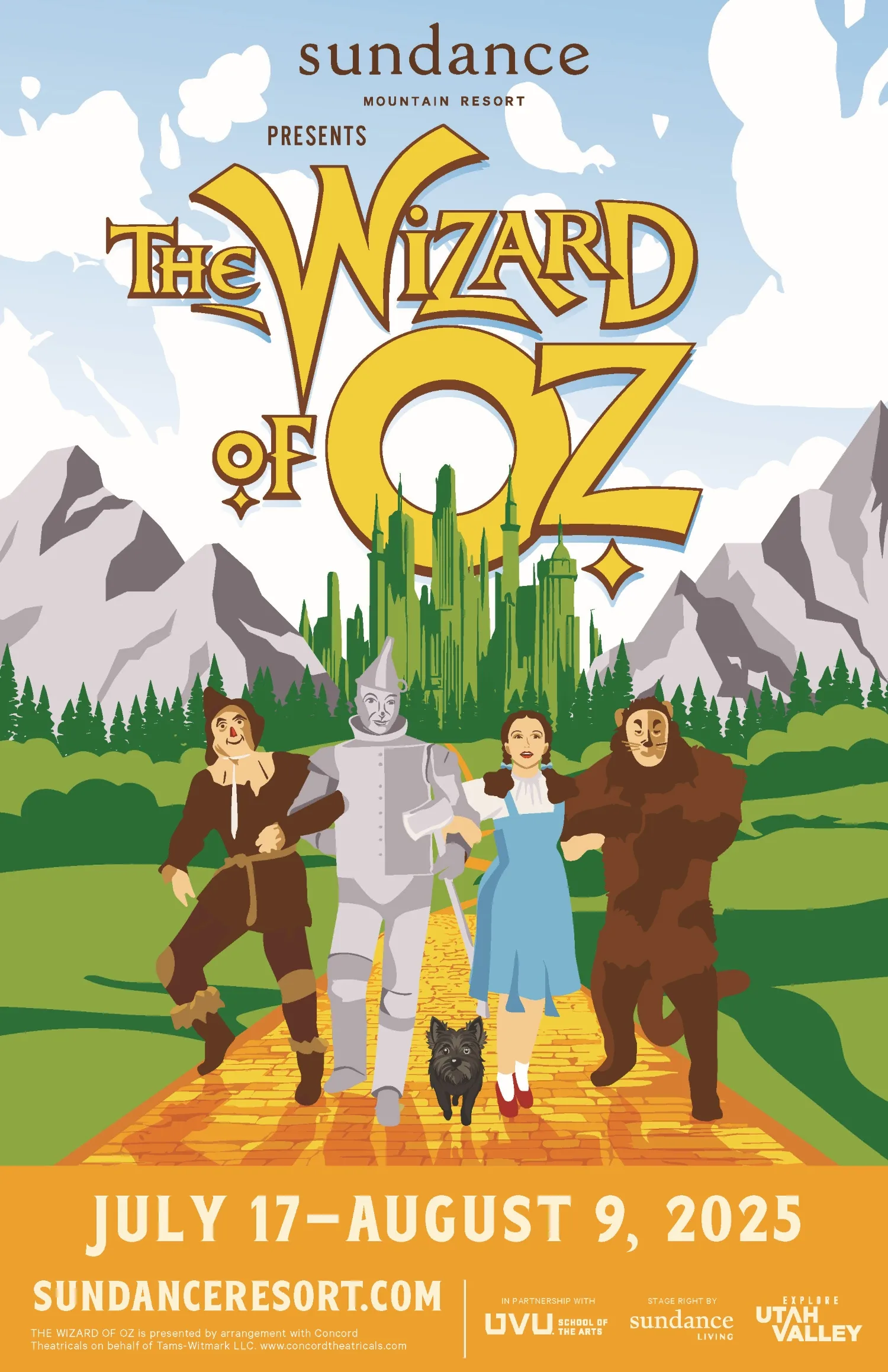 Illustrated poster for "The Wizard of Oz" at Sundance Mountain Resort's Summer Theatre, showcasing four characters—scarecrow, tin man, Dorothy, and lion—on a yellow brick road. The background features green towers and mountains. Event dates: July 17-August 9, 2025.