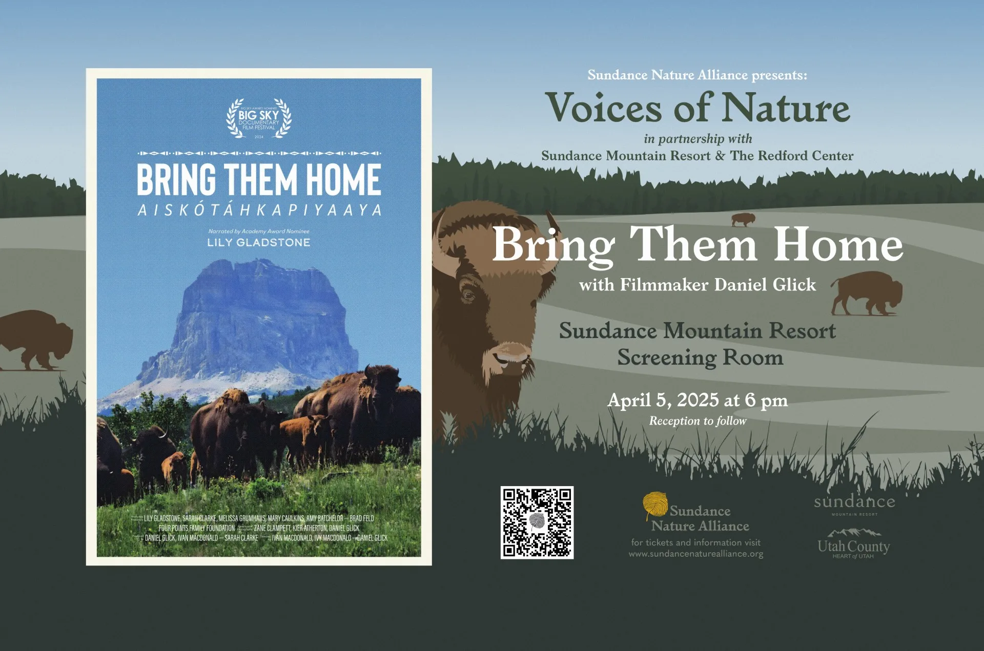 Promotional poster for the film "Bring Them Home" featuring a poster image of a mountain and bison. Event details: April 5, 2025, at Sundance Mountain Resort Screening Room. Includes logos for Sundance Mountain Resort and The Redford Center.