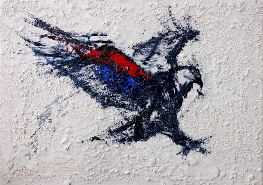Abstract painting of a bird in flight, with dark blue and black brushstrokes, and vivid red and blue accents on its body, set against a textured white background.