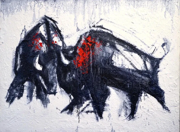 Abstract painting of a black bull with red markings on its body, depicted against a textured white background. The brushstrokes are bold and dynamic, giving a sense of movement and energy.