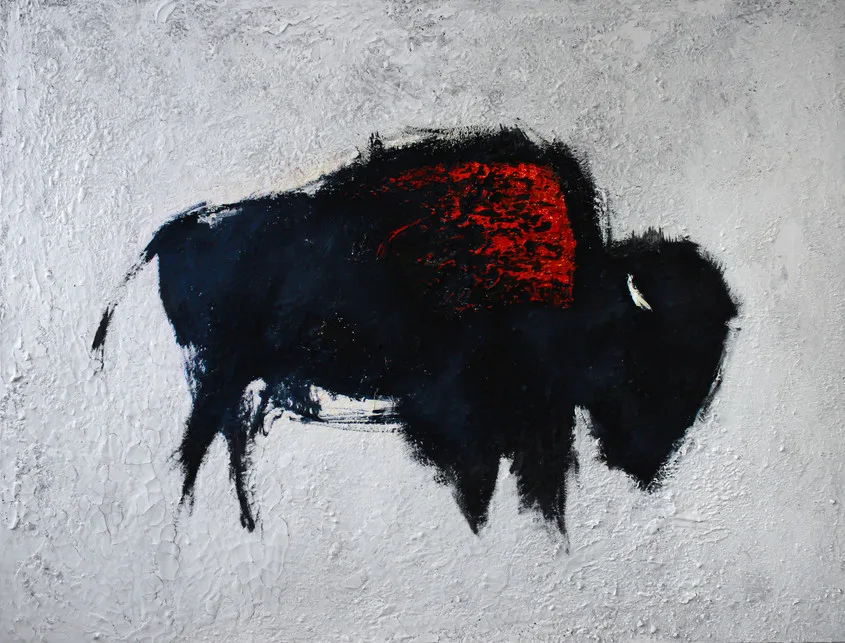 Abstract painting of a bison-like figure in black with a bold red patch on its back, set against a textured, light gray and white background.
