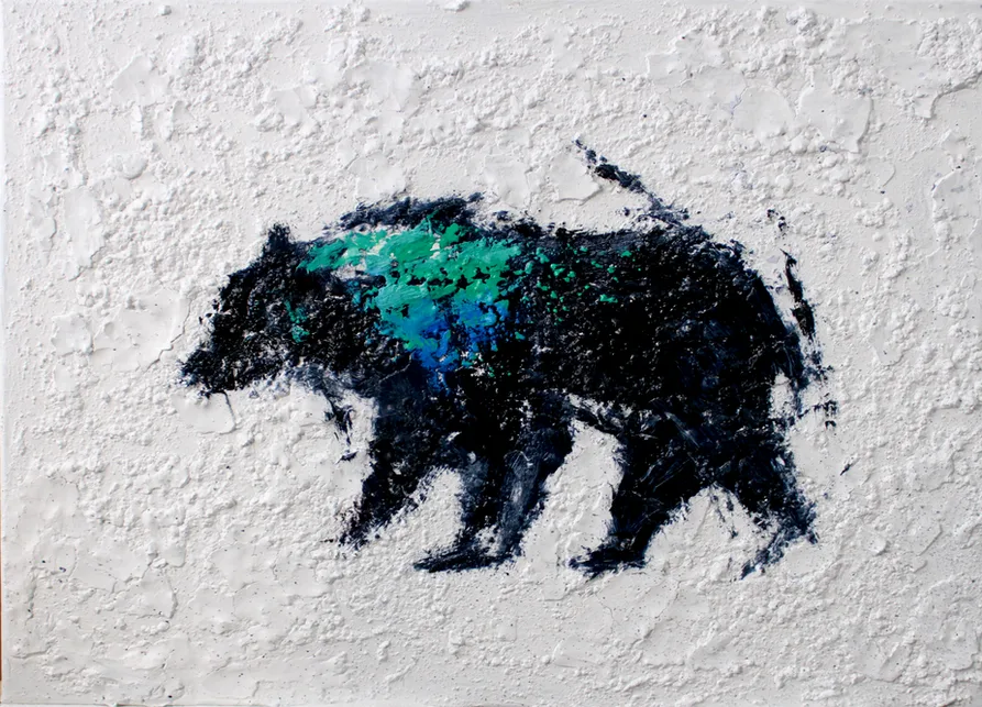 Abstract painting of a bear in dark blue and green tones walking left on a textured white background. The bear’s form is rough and impressionistic, blending with the uneven surface.