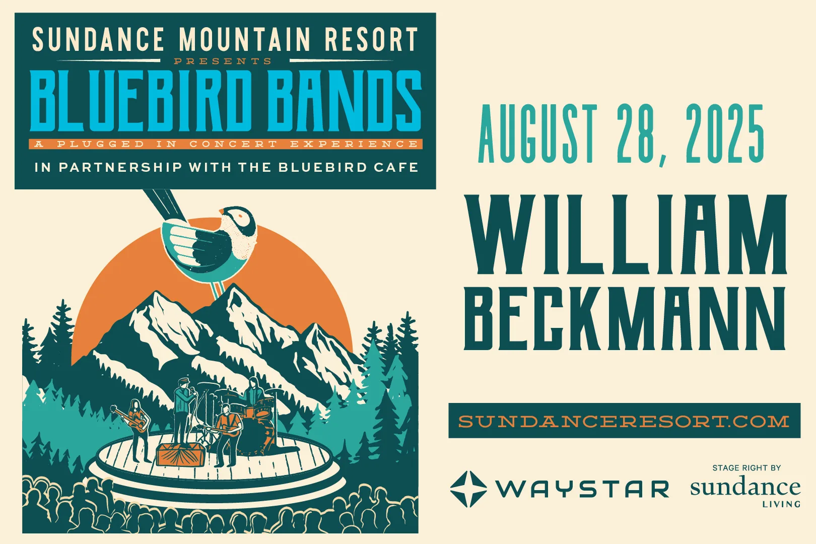 Concert poster for "Bluebird Bands" at Sundance Mountain Resort on August 28, 2025. Features an illustration of musicians performing on a mountain stage, a bird holding a guitar pick, and mentions William Beckmann. Sponsors: The Bluebird Cafe, Waystar, and Sundance Living.