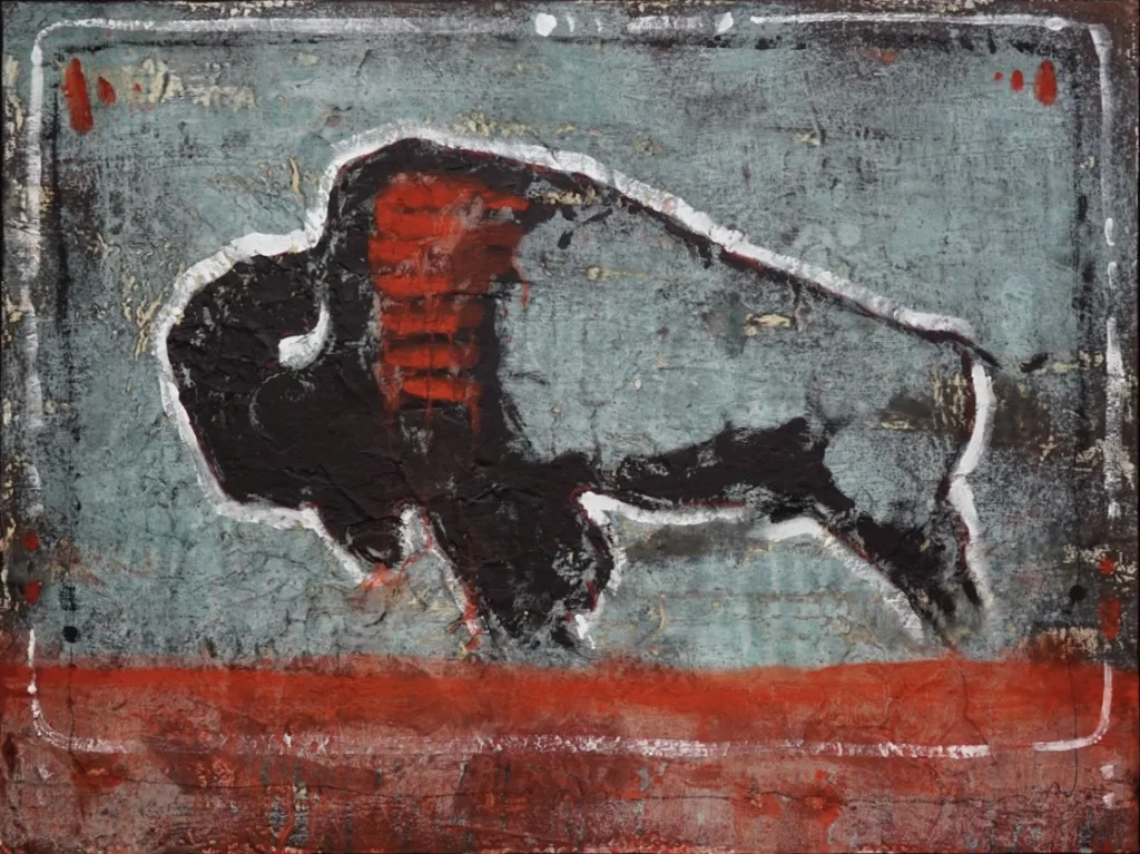 A textured painting of a bison with a black body, white outline, and red shading, standing on a red ground against a muted blue-gray background. The style is rough and abstract.