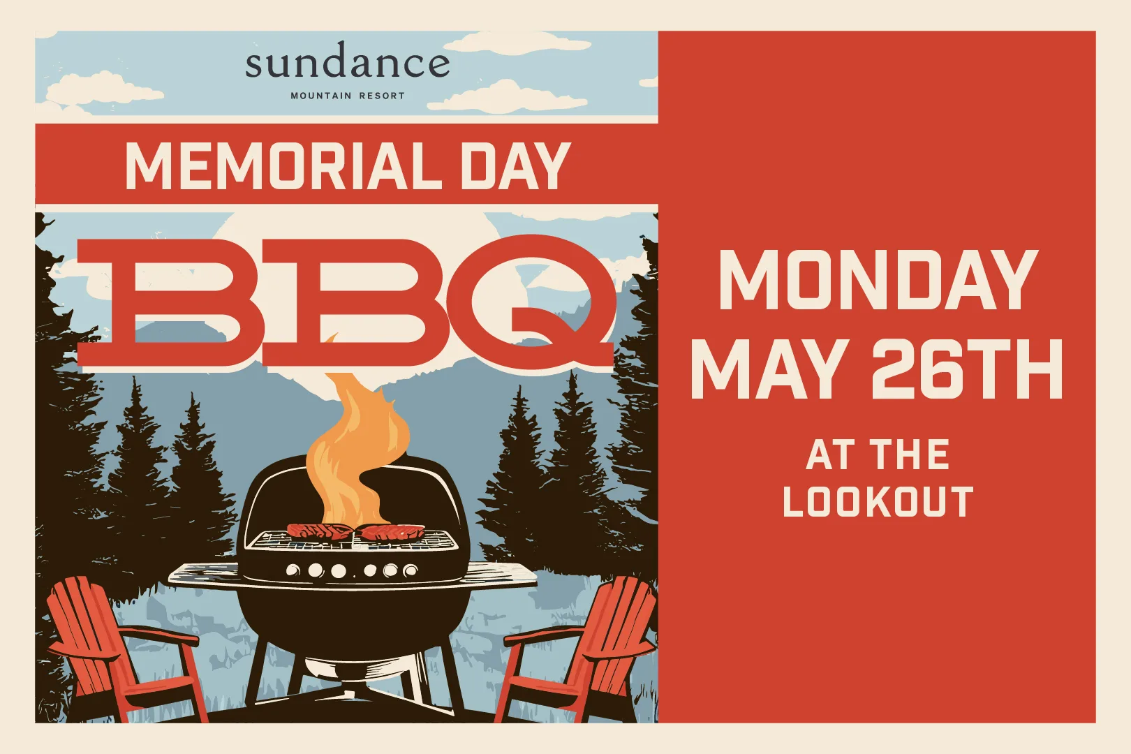 Vintage-style poster for a Memorial Day BBQ at Sundance Mountain Resort on Monday, May 26th. The design features a grill with flames and mountains, trees, and two red chairs in the background.