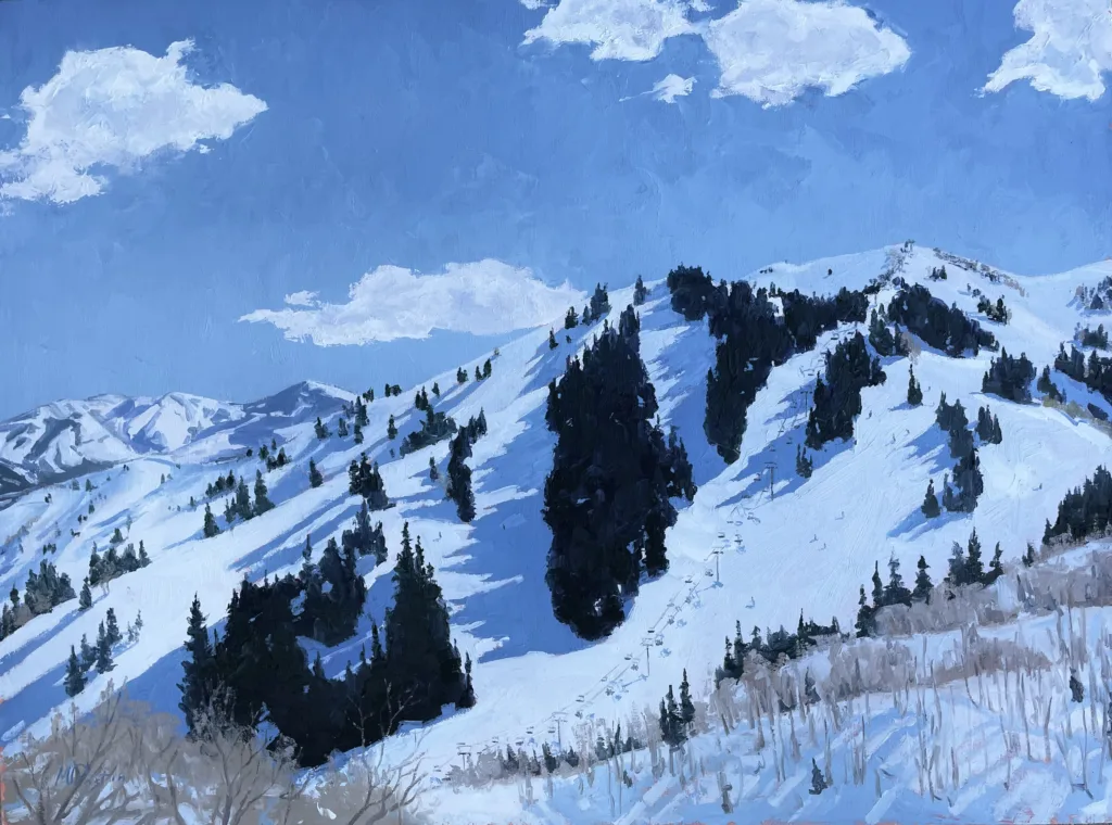 A snowy mountain landscape with scattered evergreen trees, ski slopes, and a ski lift, set against a blue sky with fluffy white clouds.