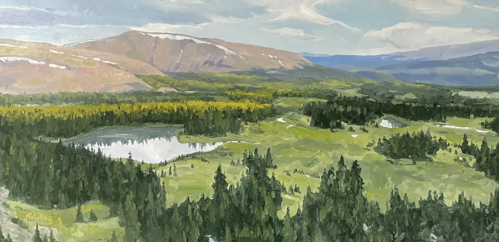 A painting of a lush green landscape with a river, forest, and a mountain range in the background under a partly cloudy sky. The scene features reflections on the water and bright sunlight on the trees.