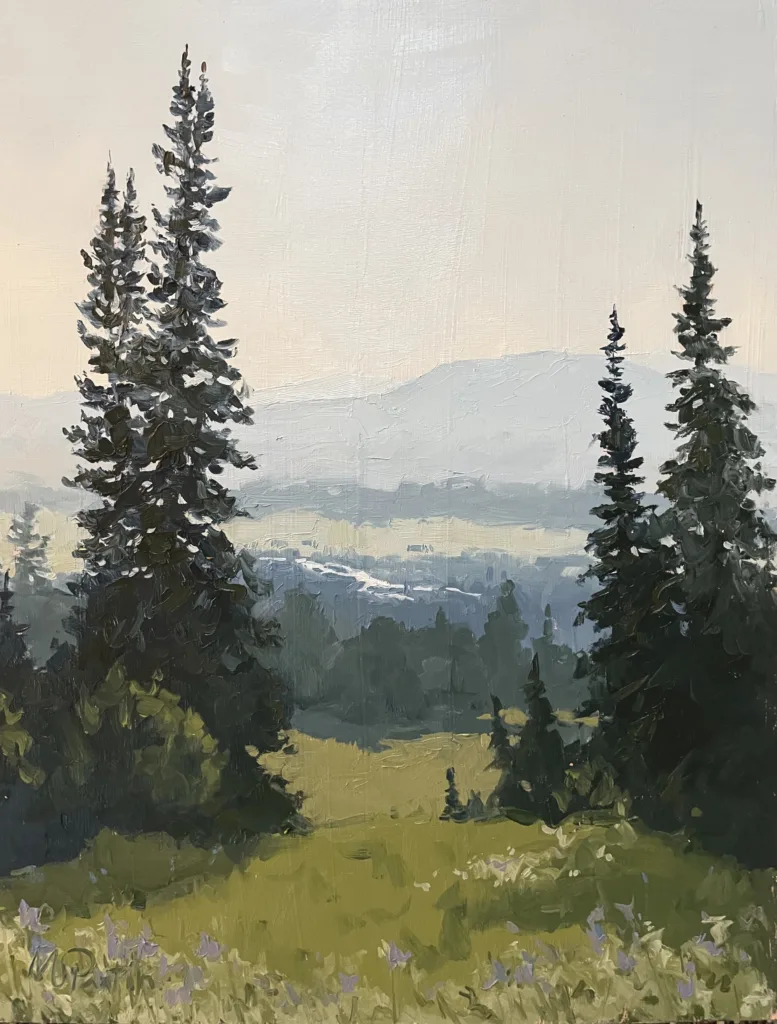 A serene landscape painting of tall pine trees on a grassy meadow with wildflowers, overlooking distant hills under a hazy sky.