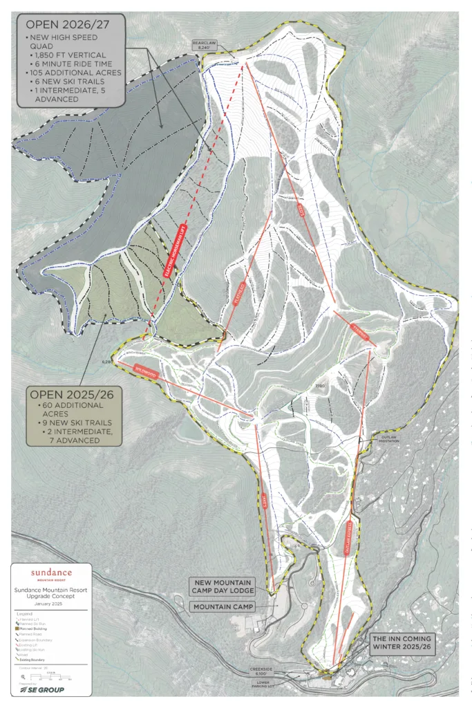 A ski resort expansion map showing new chairlifts, additional ski terrain, new ski trails (marked by color-coded lines), and planned lodges, labeled with updates for winters 2025/26 and 2026/27.