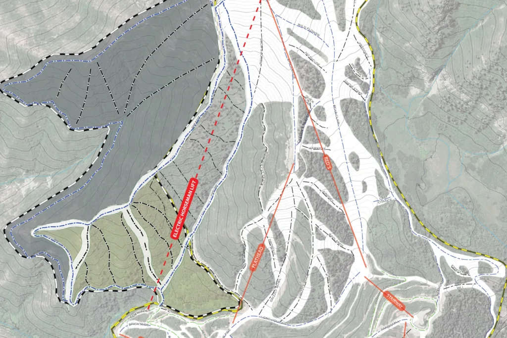 A topographic ski resort map showing trails, lifts, and terrain boundaries. Ski runs are marked with colored lines, labeled areas such as Electric Horseman Express, and contour lines indicating elevation changes. Some trails are labeled “EXISTING MOUNTAIN LIFT” and “EXISTING.”.
